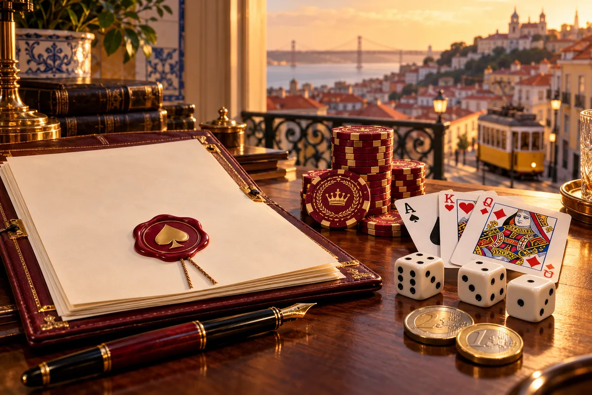 Mesa de casino com documentos de licença, fichas e cartas (imagem ilustrativa)